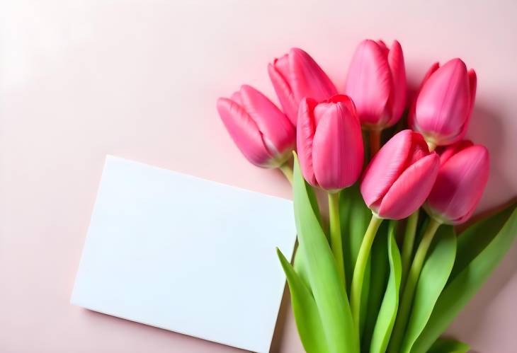 CloseUp of Pink Tulips and Card A Fresh Floral Greeting